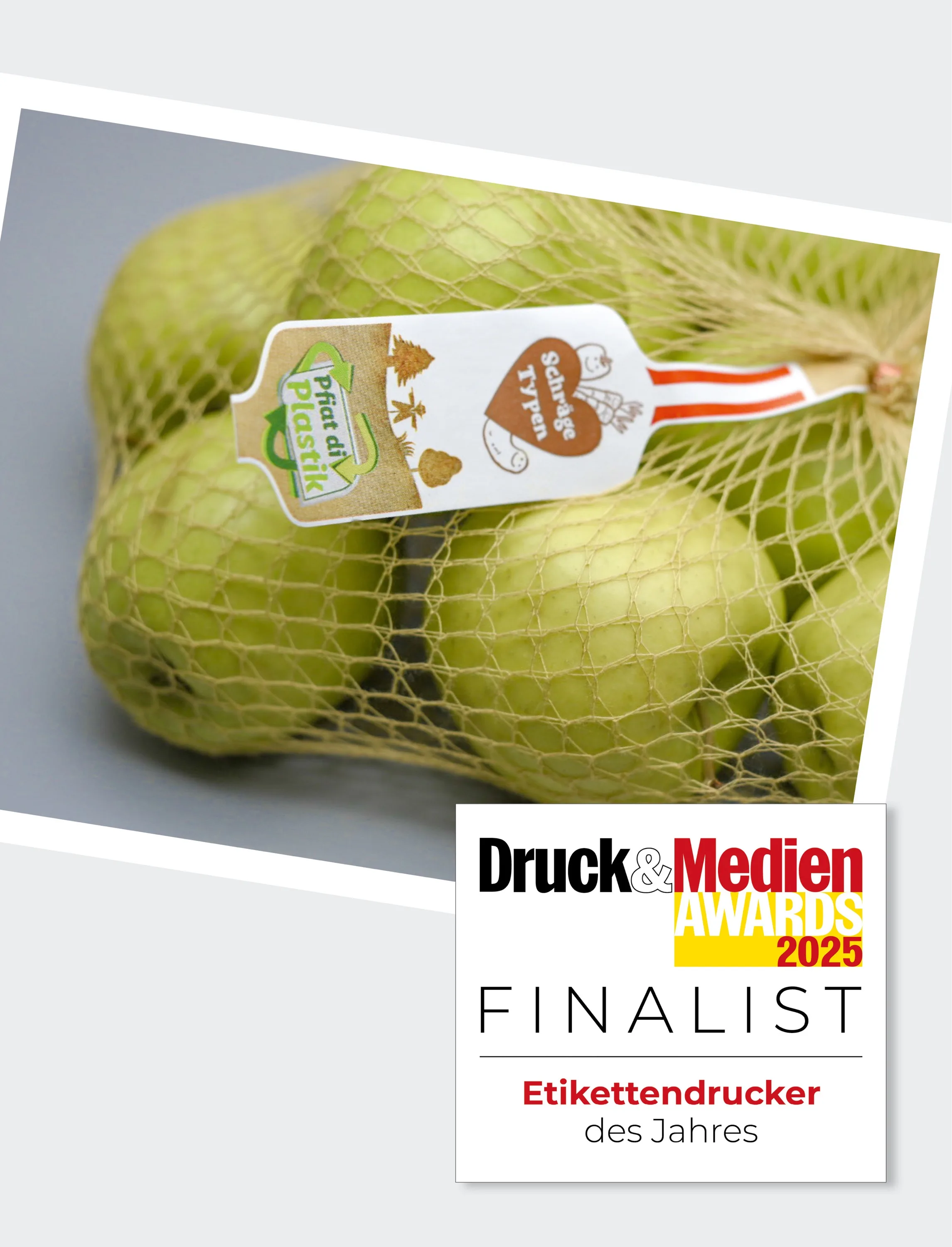FruitCycleTag – recycelbare Stegetiketten auf Obstverpackung, Finalist Druck & Medien Awards 2025